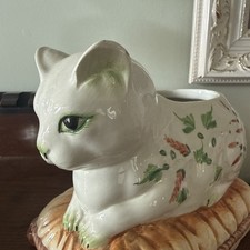 Rare VINTAGE Nora Fenton White Cat Porcelain Planter W/ Decorative Design 6”x7”  picture