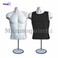 2 PACK MALE MANNEQUIN FORM & HANGER + STAND - WHITE TORSO BODY FORM FOR T SHIRT picture