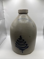 Antique Stoneware Jug N.A. White and Son Utica NY Blue Tree Design 3.5 Qt picture