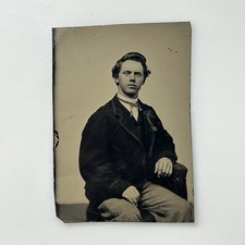 Antique Tintype Young Man Portrait Bow Tie Boutonniere Trimmed 1/6 Plate picture