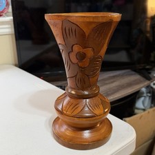 Beautiful Hand Carved Wooden Pedestal Vase With Floral Design 9.75 X 5 Inch picture