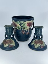 3pc Roseville Repro Pottery Bush-berry VASE w/ Handles & CANDLE STICK Holders picture