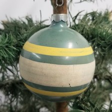 Vtg Opaque Unsilvered  Blue w/ Yellow & White Stripes Glass Cmas Ornament USA picture