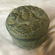 Oriental Round Lidded Trinket Box w/ Carved Faces Gray/Green Clay Vintage picture