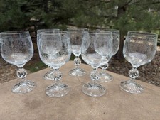 7 Vintage Bohemia Crystal Etched Cascade Wine Glass Goblets Ball Stem 5 3/4. “ picture