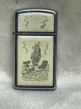 Vintage 1978 Zippo Slim Scrimshaw Whaling Scene Lighter Whaler Ship & Whale picture