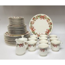 Christmas Ribbon By World Bazaars Vintage 42 PC Porcelain Dinnerware Dish Set picture