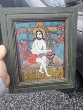 Vintage Eglomise reverse glass painting Christ as the true Vine frame plaque picture