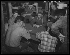 Photo:Maine 1943 Woodsmen Playing Cards in Bunkhouse Spring Pulpwood Drive picture
