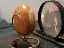 Vintage Hand Etched Natural Brown Egg with Sunflower Design & Gold Tone Stand  picture
