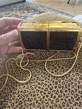 Very Rare Vintage Opera Binoculars With Brown Reptile Skin Gold Case & Strap picture