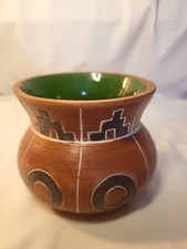 Vintage Leopoldo De Mexico Geometric Pattern Pottery Vase Terracotta 3.5