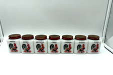 Set 7 Vintage 1930s McKee Tipp City Milk Glass Rooster Spice Jars Original picture