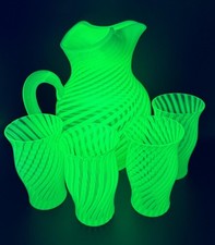 Rare Fenton 1930s Green Uranium Opalescent Swirl Pitcher Set w/4 Tumblers picture