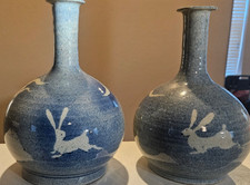 Vintage Japanese Moon Rabbit Blue Crackle Glaze Tokkuri Sake Vases - Pair picture