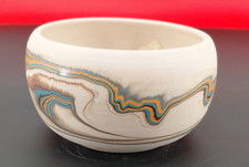NEMADJI POTTERY Squat Round Bowl, Planter, Dish, Vase, Teal & Tan, Handmade, USA picture