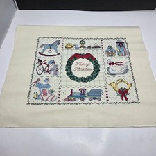 Vintage Hand Embroidered Merry Christmas Cross Stitch Finished Sampler 13x17 Red picture