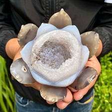1.25LB Natural Agate Geode Carved Lotus Flower, Hand Carved Healing Crystal Home picture