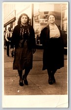 Candid Street View Of Two Women Walking On City Sidewalk RPPC 1940s picture