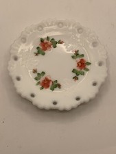 Vintage Milk Glass Hand Painted Flowers Emossed Leaf Reticulated Edge Plate 6