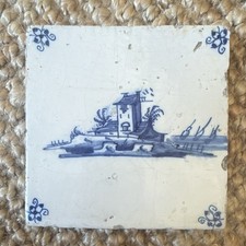 Late 17th Century Delft Blue & White Ceramic Landscape Square Wall Tile - Hamlet picture