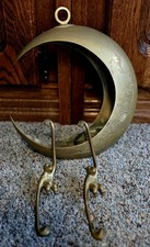 VTG Antique Brass Crescent Moon Candle/Small Plant Holder Hanging Monkeys 🐒  picture