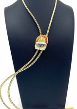 Vintage AMVETS WWII Korea Vietnam Veterans Bolo Tie Gold Tone Enamel picture