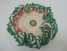 VTG Ultra Frilly Ivory Pink & Green Flower Center Hand Crochet Round Doilie picture