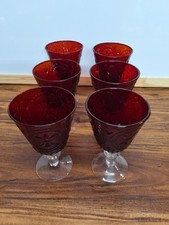 Vtg Ruby Red Stemmed Water/Wine Goblets Set Of 6 Molded Glass Christmas Dinner picture