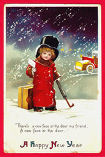 Vtg Clapsaddle Boy Top Hat Old Car Suitcase New Year Baby A/S Emb PC 1911 RARE picture