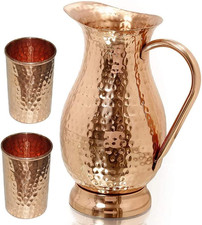 Handcrafted Copper Pitcher with Lid & 2 Free Glasses - 40 Oz Carafe picture