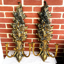 2 VTG Syroco 4133 Gold Wall Candle Holders Pair Hollywood Regency Floral Sconces picture