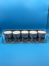 Vtg Meister 5 Tin Spice Canister Set with Rack Wild Flowers & Birds Brazil picture