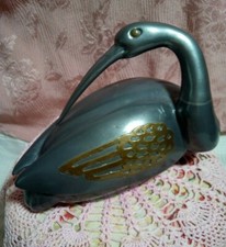 Antique Pewter & Brass Long Billed Swan~Heron~Duck Figurine Covered Trinket Dish picture