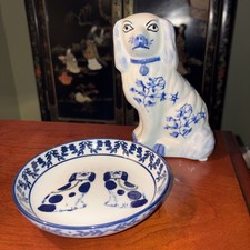 Staffordshire style dog figurine and plate Lot picture