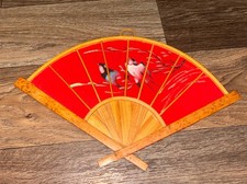 VINTAGE JAPANESE HAND PAINTED FIXED FABRIC BAMBOO FAN W/ BLUEBIRD WALL DECOR picture