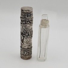 Antique Victorian Silver Scent Vesta Glass Bottle Cupid Flowers Repoussé  picture