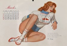 1951 Al Moore Pin-Up Calendar Page March Sweater Girl Skiing 8.5 x 12 picture