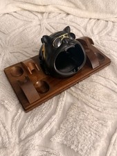 Decatur Industries Walnut Tobacco Walnut Pipe Stand w/ Bulldog Head Ashtray picture