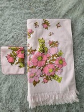 Vtg Cannon Royal Family Bath Towel Wash Cloth Mod Flower Power Pink Green MCM picture