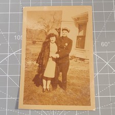 Vintage 1943 Photo Couple Outdoor Portrait Kodacolor WWII Era Wedding Attire Pri picture