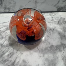 Murano Style Inspired Coral/Blue Flower Art Glass Paperweight Controlled Bubbles picture