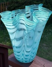 Royal Gallery Turquoise Hand Blown Opalescent Art Glass Handkerchief Vase Poland picture