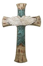 Rustic Western Angel Wings Turquoise Horse And Floral Tooled Leather Wall Cross picture