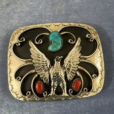 RareSST Western Americana Belt Buckle Turquoise Coral Silver Tone Eagle 3x2 Inch picture