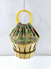 East Texas Handbag Co Bushel Basket Fabric Floral Cover Yellow Plastic Handle  picture