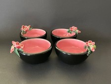 Rare Vintage Keramos Sevre France x4 Slipware Small Bowls Flowers 1950s Majolica picture