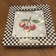 VTG Mary Engelbreit Enamelware Cherry Salad Plates Set of 4 #320 Boxed picture