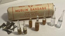 Vintage MEDICAL Supplies Muslin Bandage Various Glass Ampules Unused Parke Davis picture