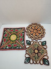 Vintage Raffia Trivet Straw Hot Pad Woven BOHO Multicolor Wall Hanging Lot of 3 picture